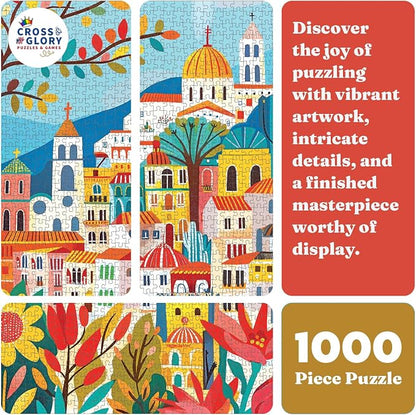 Cross & Glory - Charming Barcelona in Bloom - 1000 Piece Jigsaw Puzzle for Adults | Colorful Floral Folk Art Puzzle for Barcelona Lovers and Art Enthusiasts