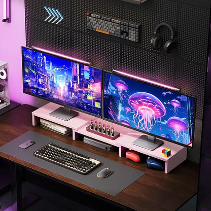 TAVR Dual Monitor Stand Riser, Wooden Computer Monitor Stand for 2 Monitors | Extra Long Multifunctional Desktop Organizer Riser for TV, PC Monitor, Laptop, Printer, Max 43.3" Length, Pink