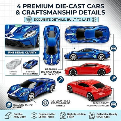 Dual Toy Car Race Track Set for Kids 2 Player Loop & Launch Car Track Toy with Score Points, 4 Metal Alloy Racing Cars, Interactive Sound Effects & Competitive Stunt Challenge for Boys & Girls