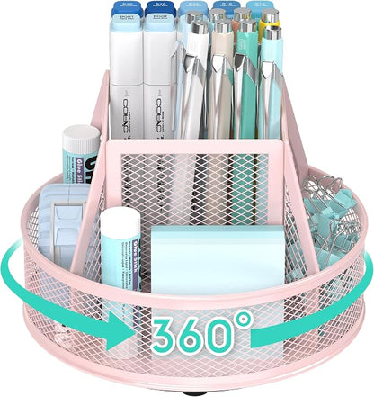 YINGHUA Metal Mesh Desk Organizer with 5 Compartments and Rotating Pencil Holder Pen and Stationery Organizer for Office Home School Anti Slip Base Pink