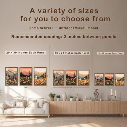 WRFON Botanical and Flower Canvas Wall Art, Framed Mountain Landscape Wall Art Set of 3, Wildflower Meadow Canvas Print, Rustic Nature Decor for Living Room Bedroom Cabin Lodge Farmhouse Decor, 12x16