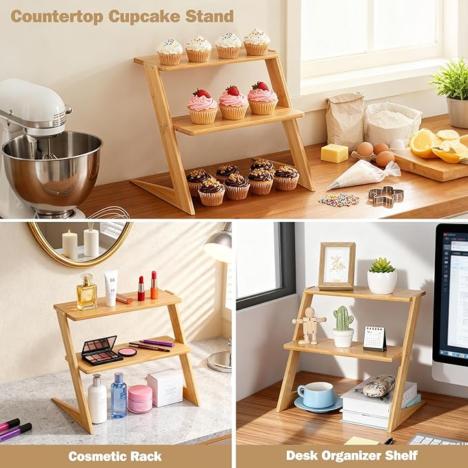 3 Tier Table Top Countertop Small Plant Stand with Shelf Adjustable, Bamboo Wooden Desk Plants Succulent Stand, Office Flower Pot Holder Rack ,Cup Cake Stand, Kitchen Spice Rack