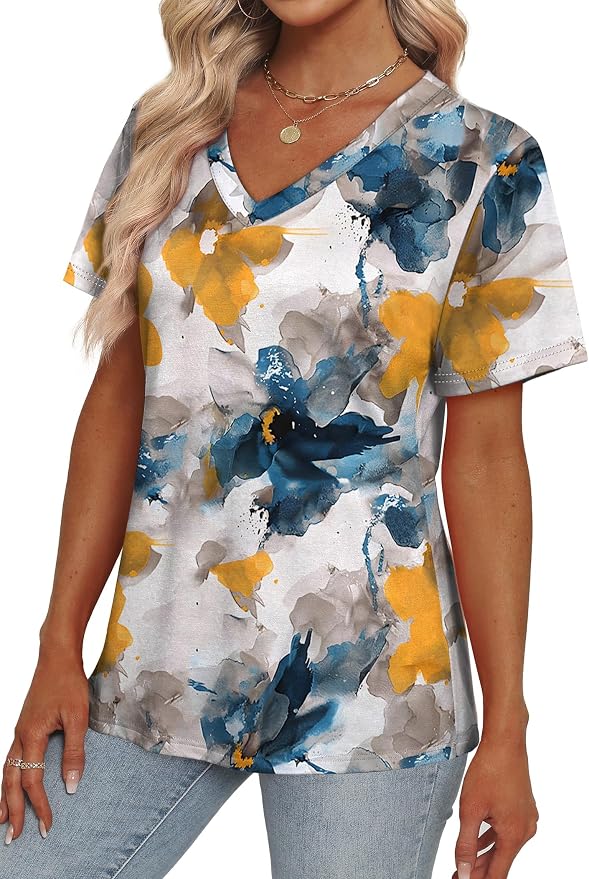 Alaroo Womens Summer Tops 2026 V Neck Short Sleeve Shirts Trendy Dressy Casual Vacation Outfits Printed