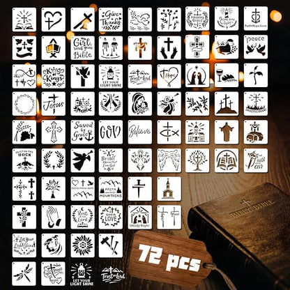 72 PCS 3x3 Inch Religion Christian Stencils for Painting - Religious Jesus Christ Cross Angels God Reusable Painting Templates on Wood, Glass, Fabric, Window Door Decor DIY Decoration