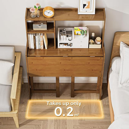Folding Desk with Bookshelf, Compact Foldable Desk for Small Spaces,Brown | Bamboo Computer Desk with Storage Shelf, Space-Saving Home Office Desk with Hutch for Bedroom, Dorm, Apartment