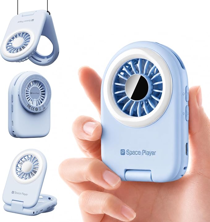 Space Player 6-in-1 Mini Fan, Portable Handheld Fan with Neck Fan, Magnetic Phone Mount, Desktop Stand & Selfie Fill Light, USB Rechargeable Pocket Fan for Travel, Cruise, Concert, Makeup,Blue