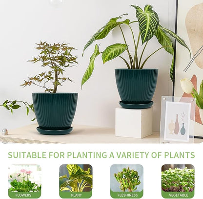 Plant Pots Indoor with Saucers & Drainage - 6 Pack Flower Pots - Plastic Planters for Indoor Planter - 7.5/6.6/5.8/5.0/4.3/3.5 inches Sizes for All Different Types of Plants-Dark Green