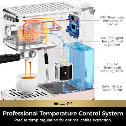 CHULUX Slim Espresso Machine with Milk Frother for Home Cappuccino, Pink | Precise Pressure Gauge, Food-Grade Materials, 20 Bar Italian Pump, Professional Temperature Control System, Stainless Steel