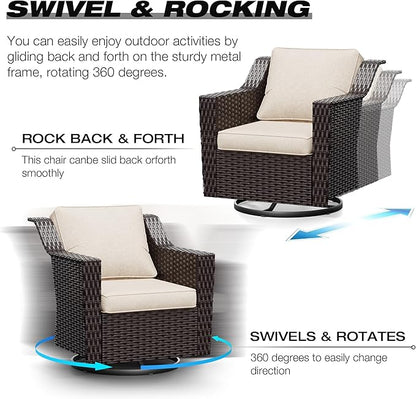 Joyside Wicker Patio Furniture Sets, 10 Pieces Upgraded Large Size Outdoor Furniture with 4 Swivel Rocking Patio Chairs, 3-Seat Sofa, Outdoor Ottoman, Thick Cushions, Wide Armrest, Beige