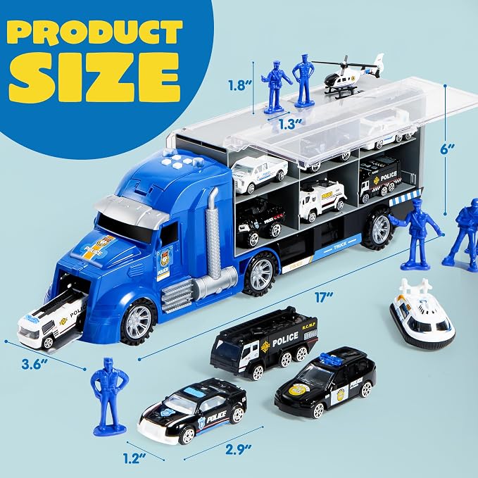 JOYIN 25 in 1 Police Rescue Truck Car Toy Set with Sounds and Lights, Mini Vehicles in Carrier Truck, Play Police Patrol Rescue Vehicle Toy, Birthday Gifts for Over 3 Years Old Boys