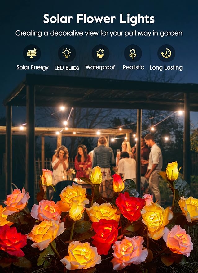 Brightown Outdoor Solar Garden Lights - 4 Pack LED Flower Lights with Realistic Rose, Bigger Solar Panel, Waterproof for Yard & Patio Decorations