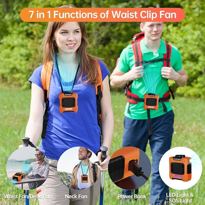 Waist Fan, 10000mAh Rechargeable Belt Clip Fan, 24H Runtime, 49ft/s Strong Airflow, 3-Speed 7-in-1 Hands-Free Personal Fan with Bottom Air Intake and LED SOS Light for Jobsite Outdoor Work