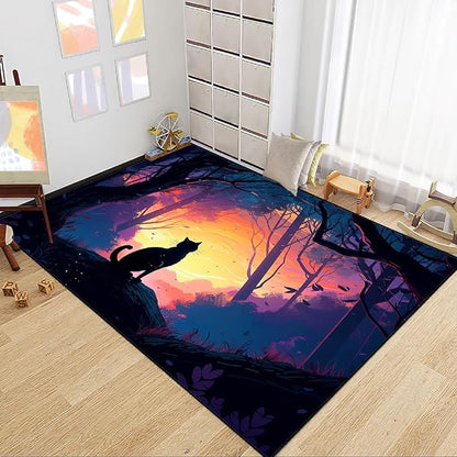 Magic Black Cat Rug - Moon Cat Rug for Girls Room Forestscape Cat Area Rug Black Cat Door Mat Colorful Rug with Black Cat Pattern, 5x7 Feet