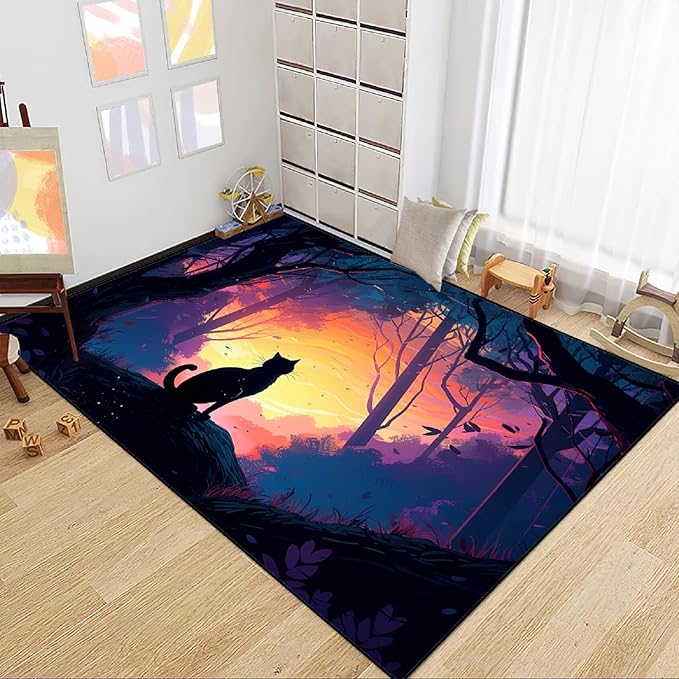 Magic Black Cat Rug - Moon Cat Rug for Girls Room Forestscape Cat Area Rug Black Cat Door Mat Colorful Rug with Black Cat Pattern, 4x5 Feet