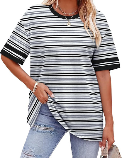 WIHOLL Womens T Shirts Loose Fit Short Sleeve Tees Crew Neck Color Block Summer Tops 2026 Fashion