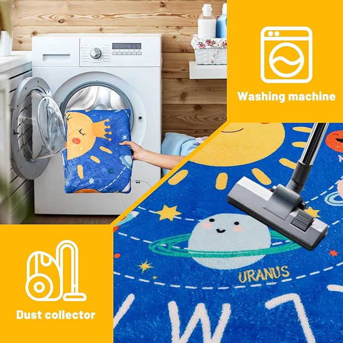 Round ABC Kids Rug,4 Ft Soft Circle Alphabet Playroom Rug,Washable Non-Slip Solar System Kids Play Rug,Space Educational Rug Kids Carpet for Classroom Playroom Bedroom Kids Room Decor