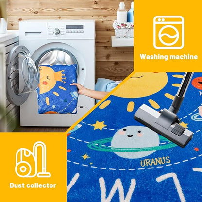 Round ABC Kids Rug,4 Ft Soft Circle Alphabet Playroom Rug,Washable Non-Slip Solar System Kids Play Rug,Space Educational Rug Kids Carpet for Classroom Playroom Bedroom Kids Room Decor