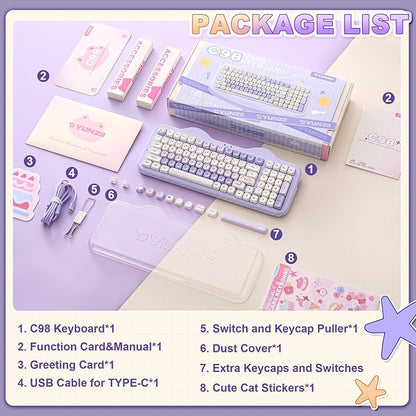 YUNZII C98 Cute Cake Wireless Mechanical Keyboard (Purple, Candy Switch) | 99 Keys with Number Pad, Hot Swap, PBT MOA Keycaps, BT5.0/2.4G/USB-C, Gasket Mount, Custom RGB Backlit for Win/Mac