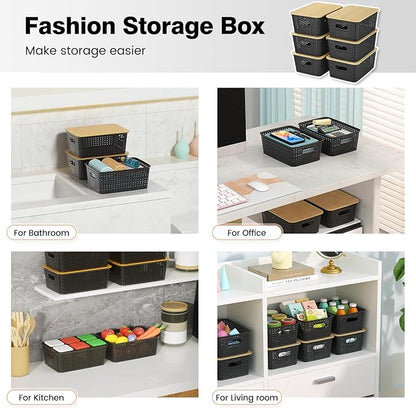 Ohmlove Plastic Storage Baskets With Bamboo Lid - Plastic Storage Containers Stackable Storage bins: Storage Baskets for Organizing Shelves Drawers Desktop Closet Playroom Classroom Office, 6 Pack