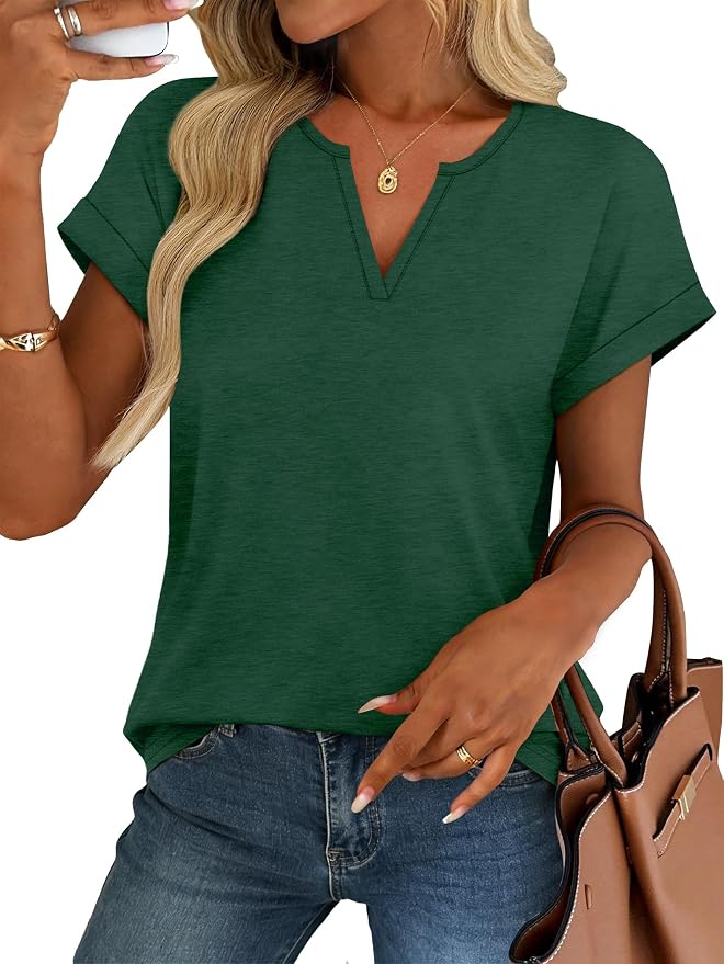 Womens Tops Dressy Casual V Neck Rolled Sleeve T Shirts Fashion Clothing Business Casual Outfits Beach Vacation Clothes
