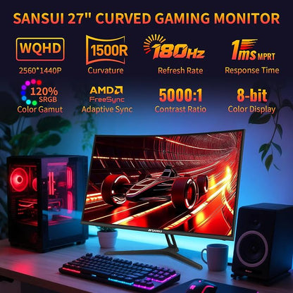 SANSUI 27 Inch WQHD 2560X1440 Curved Gaming Monitor, 180Hz MPRT 1ms Computer Monitor,HDMI2.0 * 2, DP1.2 * 2, Freesync, Curved 1500R, 5000:1 Contrast Ratio, 120% sRGB,HDR(ES-G27C1Q DP Cable Included)