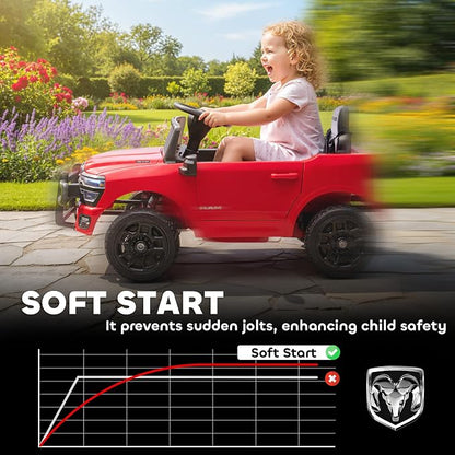 Qaba 12V Kids Ride on Car, Licensed Dodge RAM 3500 Electric Car for Kids with Dual Motors, Parent Remote Control, Rear Suspension, Power Display, Bluetooth Music and LED Lights, Red