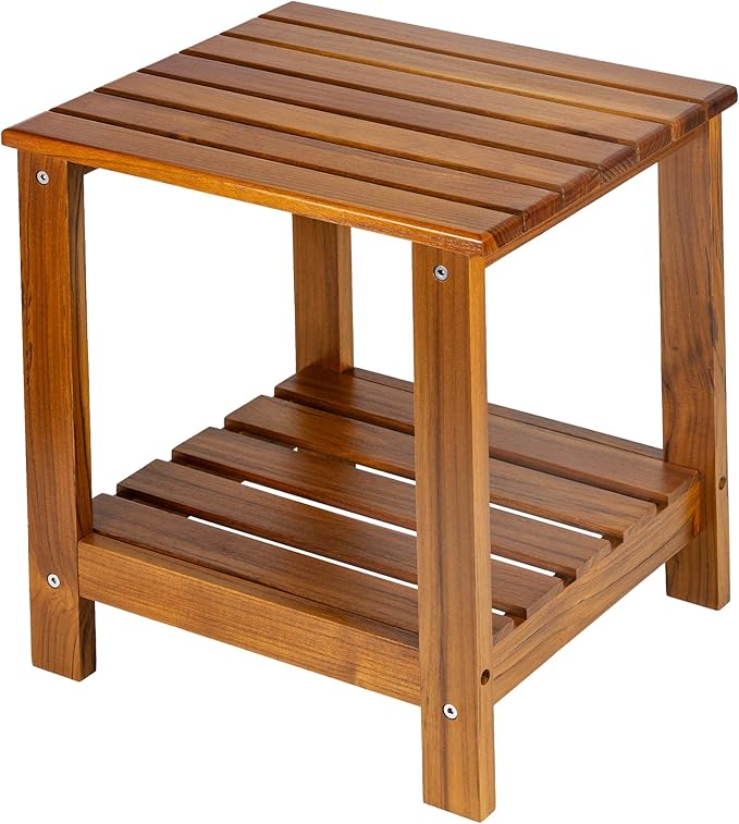 Utoplike Teak Side Table Outdoor, Patio End Table Double Layer, Wooden Coffee Accent Tables for Backyard, Garden, Bed, Living Room, Couch, Two-Tier