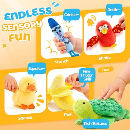 JoyCat Montessori Baby Toys 6-12 Months, 12 PCS Sensory Color Sorting Boxes with Animal Fruit Crinkle Crayon Pushies, First Learning Toys for 1 Year Old Baby Toys 0-12 Months