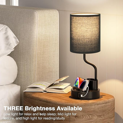 Fenmzee Bedside Lamps for Bedroom Set of 2 - Table Desk Lamp for Nightstand | 15" Table Lamp for Living Room with Pen Holder & Phone Stand, USB A+C Port, AC Outlet, 3 Color Temperature, LED Bulb Included