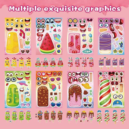 24 Sheets Make Your Own Ice Cream Stickers for Kids Toddlers, Make a Face Sticker Mix and Match Watermelon, Chocolate, Kiwi, Strawberry Ice Cream Stickers for Kids Activities Supplies Crafts