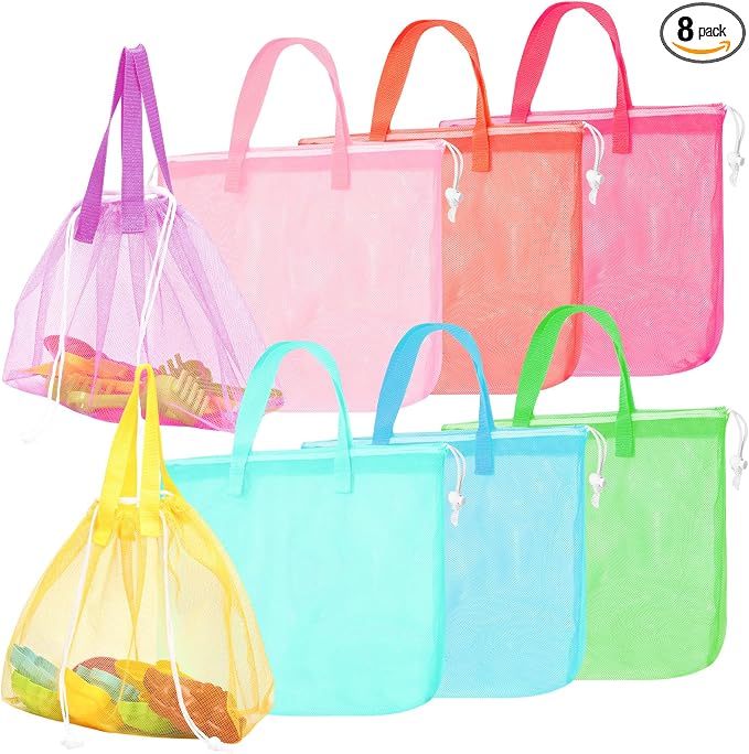 Paterr 8 Pcs Mesh Beach Tote Bag Seashell Bags Foldable Large Beach Toy Organizer with Drawstring, Pool Gym Swimming Camping Accessories Lightweight Foldable Birthday Gifts (8 Colors)