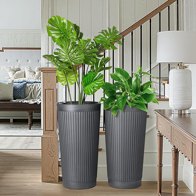FENCY 2Pack 24IN Self Watering Planter for Indoor Plants, Plastic Large Planter for Outdoor Plants, Water Level Indicator& Spacious Reservoir Flower Planter Decorative(Grey)