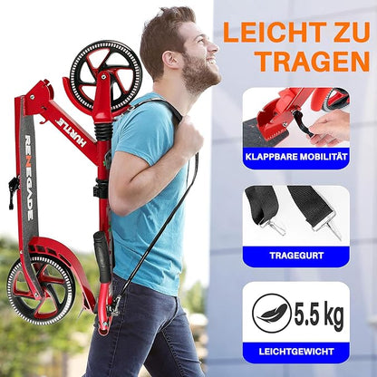 Hurtle Renegade Kick Scooter for Kids, Teenagers & Adults - 2-Wheel Folding Scooter with Adjustable T-Bar Handlebar - Alloy Anti-Slip Deck