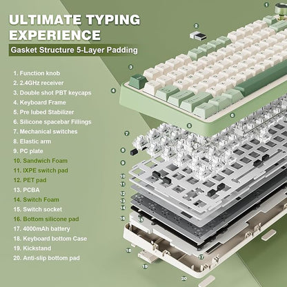 YUNZII B75 PRO 75% Wireless Mechanical Keyboard(Matcha Green,MilkV2) | Hot Swap Keyboard with Knob, Gasket Mount, Creamy Pre-lubed Switch for Smooth Typing, BT/USB-C/2.4G, for Gaming