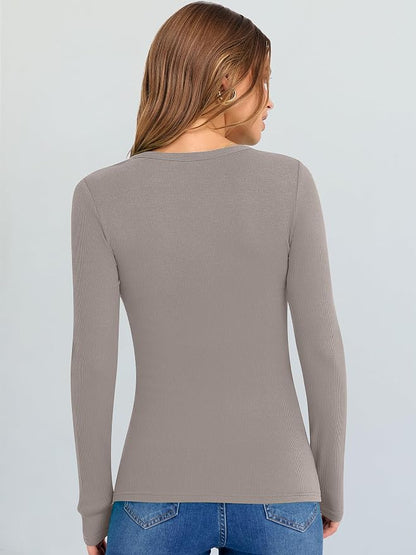 ANRABESS Long Sleeve V Neck Shirts for Women | Soft Comfy Ribbed Knit Fitted Tshirts, Casual Going Out Tops, 2026 Trendy Basic, Fall Winter Underscrub Layering Clothes