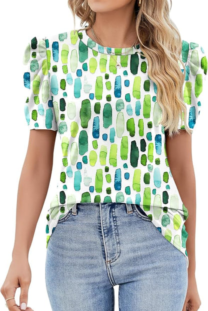 Ivicoer Puff Short Sleeve Shirt for Women Eyelet Tops Summer Crewneck Blouse Loose Fit S-XXL