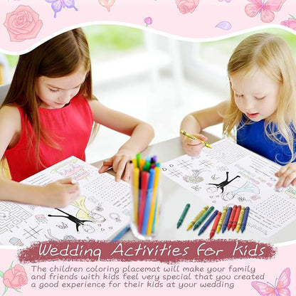Pasimy 24 Set Wedding Activity for Kids Including 24 Pcs Wedding Coloring Placemats Books Sheets and 24 Pcs Coloring Crayons Individually Packaged for Reception Guest Party Favors, 15.7''x11''