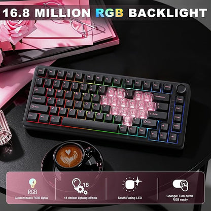 YUNZII B75 PRO 75% Wireless Mechanical Keyboard (Black Heart, MilkV2) | Hot Swap Keyboard with Knob, Gasket Mount, Creamy Pre-lubed Switch for Smooth Typing, BT/USB-C/2.4G, for Gaming