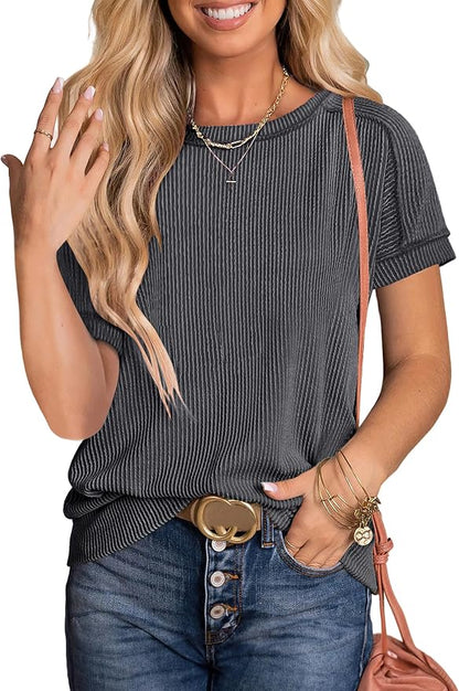 ANRABESS Womens Short Sleeve Crewneck Shirts Ribbed Knit High Low Hem T Shirt 2026 Summer Spring Casual Tops Trendy Clothes