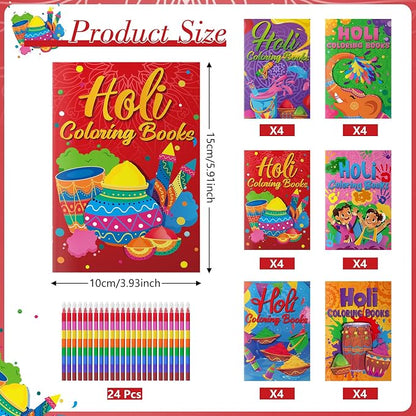 Cinrobiye 24 Set Holi Coloring Books Bulk DIY Mini Happy Holi Art Drawing Set with Stackable Crayons for Festival Party Gifts Goodie Bag Fillers Classroom Activity Rewards