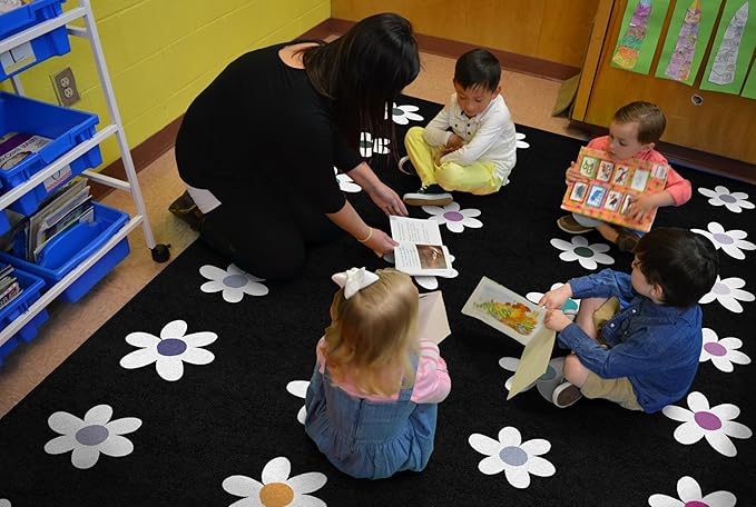 Flagship Carpets Schoolgirl Style Daisies on Black Criss-Cross Applesauce Educational Area Rug for Kids Room, Children's Classroom, Play Carpet for Teaching and Playroom, 7'6" x 12', Seats 32