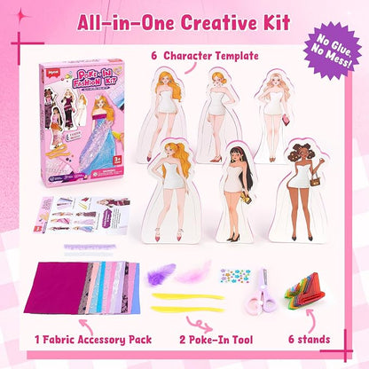 Poke-in Fashion Designer Kit for Girls, No-Sew DIY Craft Toys with 6 EVA Mannequins & Real Fabric, Safe & Non-Toxic Creative Dress Up Activity, Mess-Free Arts and Crafts Gift for Girls Age 5-12