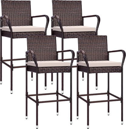 VIVOHOME 4 Packs Outdoor Wicker Barstool Patio Rattan Furniture with Armrests and Cushions, Brown