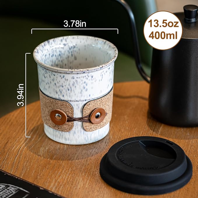 Coffee Tumbler Ceramic Travel Coffee Mug with Lid, Large Coffee Cup | Porcelain Wide Mouth Coffe Mug, Reusable Tea Mug, Microwave and Dishwasher Safe, Coffee Gifts for Men & Women, 13.5 oz