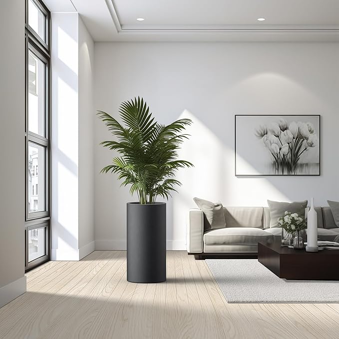 Kante 27.8 Inch Tall Cylindrical Planter, Large Round Plant Pots with Drainage Hole, Made with Concrete, Suitable for Indoor Outdoor Plants, Home Decor, Black