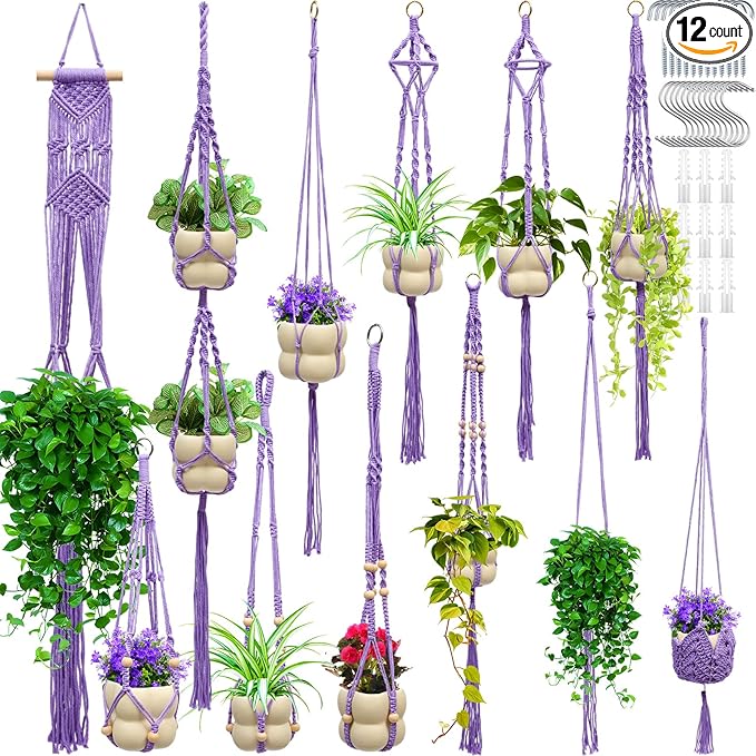 Hoteam 12 Pcs Macrame Plant Hangers Macrame Hanging Planters for Indoor Plants Handmade Boho Hanging Baskets Flower Pots Holder for Outdoor Home Wall Decor