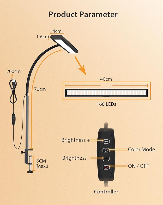 Desk Lamp for Office Home, [3 Color & 10 Brightness] 160 LED Dimmable Reading Lamp with Clamp, Eye-Caring Clip on Desk Light Working for Video Conference Workbench Drafting Crafting Drawing Puzzling
