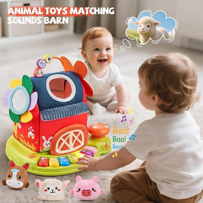 Vanvimen Musical Baby Toys 6-12 Months, Surprise Barn with 7 PCS Stuffed Farm Animals, 4 Mode Sound and LED Lights, Montessori Sensory Toys for 6 12 Months, Ideals 6 7 8 9 Month Old Baby Gifts Toy