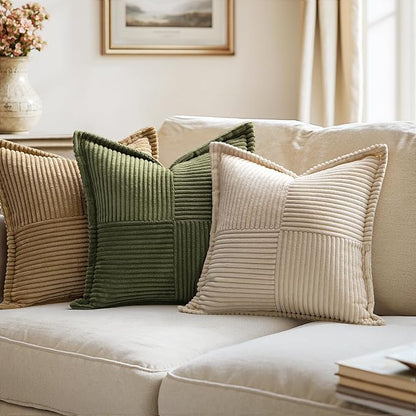 MIULEE Olive Green Corduroy Decorative Euro Sham Pillow Covers 24x24 Inch with Splicing Set of 2 Soft Boho Pillow Covers Broadside Textured Summer Pillowcases for Couch Bed Livingroom