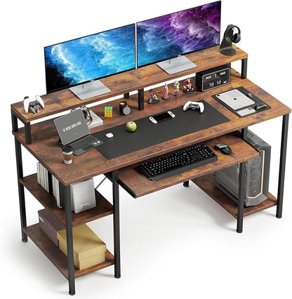 VERMESS 48Inch Computer Desk, Home Office Desks with Keyboard Tray, Gaming Desk with CPU Stand Shelf,Industrial Study Table Wide Writing Desk with Storage Shelves for 2 Monitors, Rustic Brown